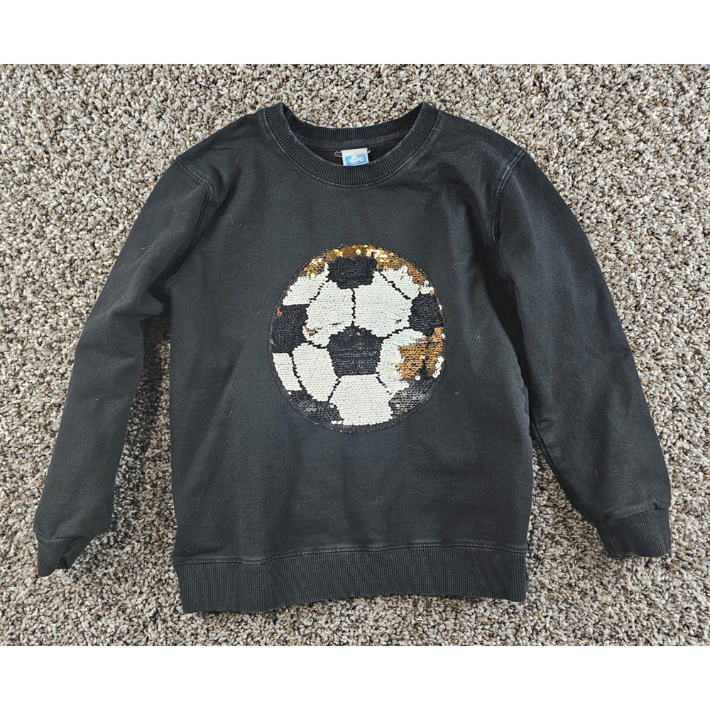 Kids Sz M black sweatshirt featuring a reversible sequin soccer ball